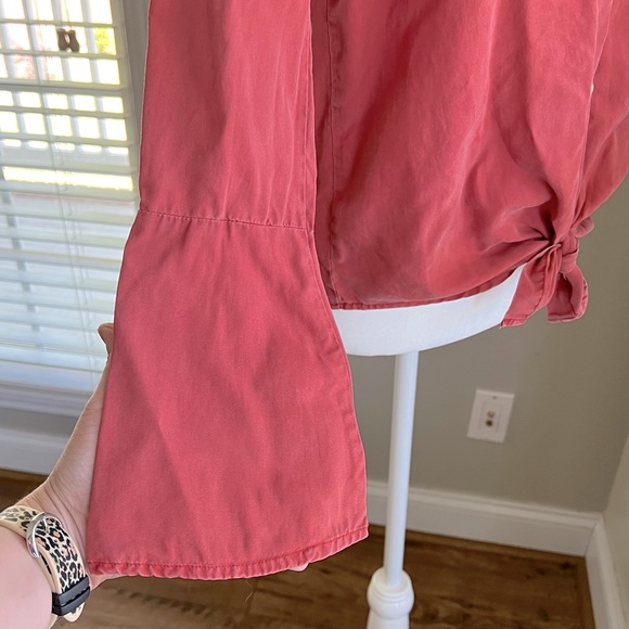 Button Down Coral Blouse with waist Tie and Bell/flare Sleeves - Picture 7 of 11